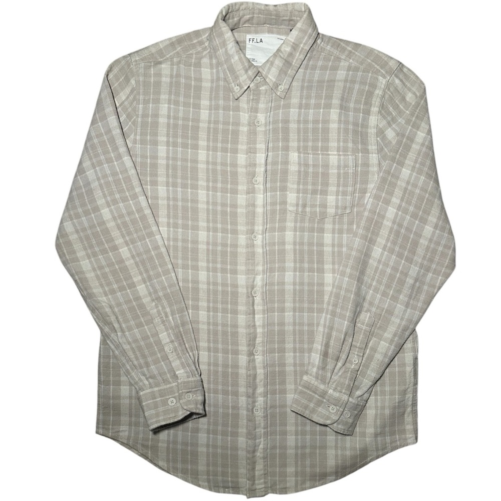 Five Four LA Men's Tan Plaid Flannel Shirt Long Sleeve Button Down Size Medium
